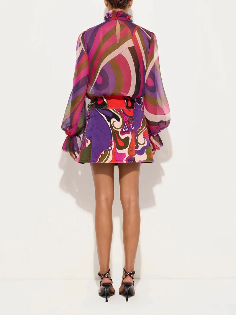 Unique Rainbow Print Lantern Sleeve Blouse