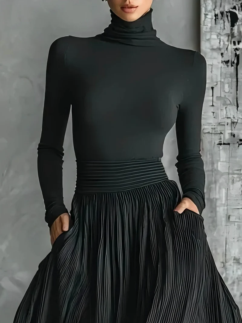 Elegant High Waist Pleated Slit Maxi Skirt