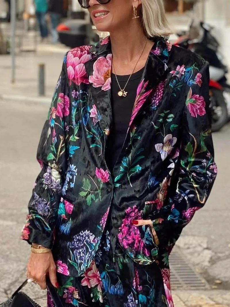 Retro Floral Print Elastic Waist Pocket Wide-Leg Pants