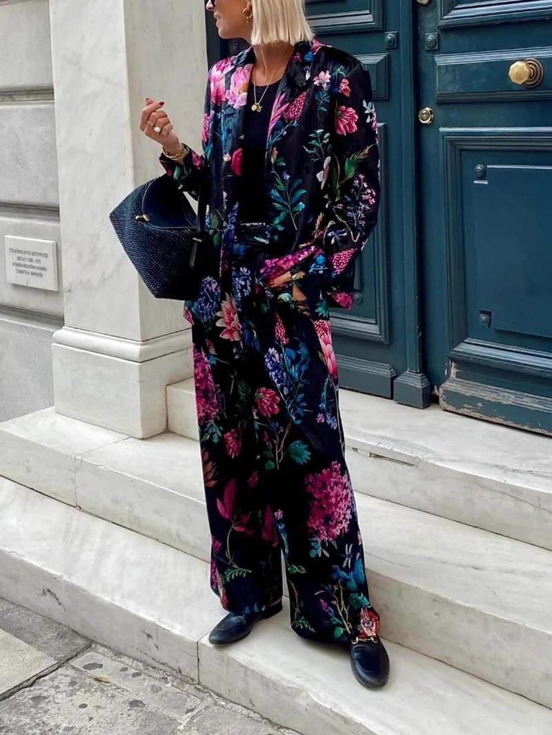 Retro Floral Print Elastic Waist Pocket Wide-Leg Pants