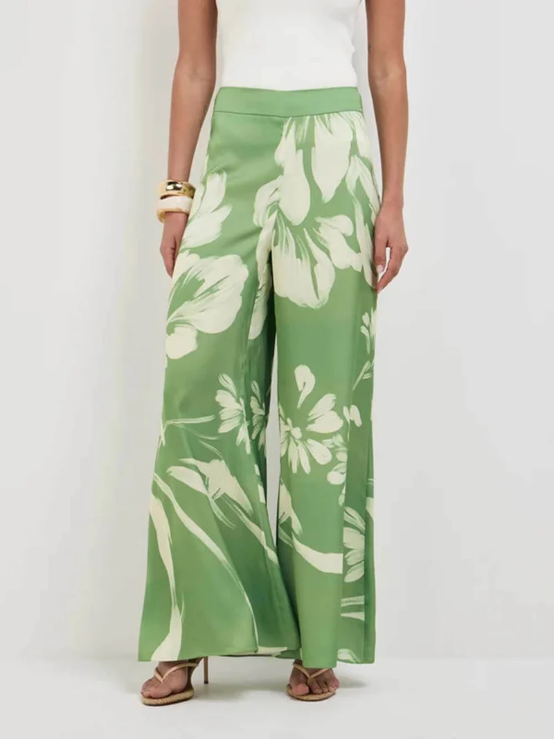Modern Satin Abstract Floral Print Bell-Bottom Pants