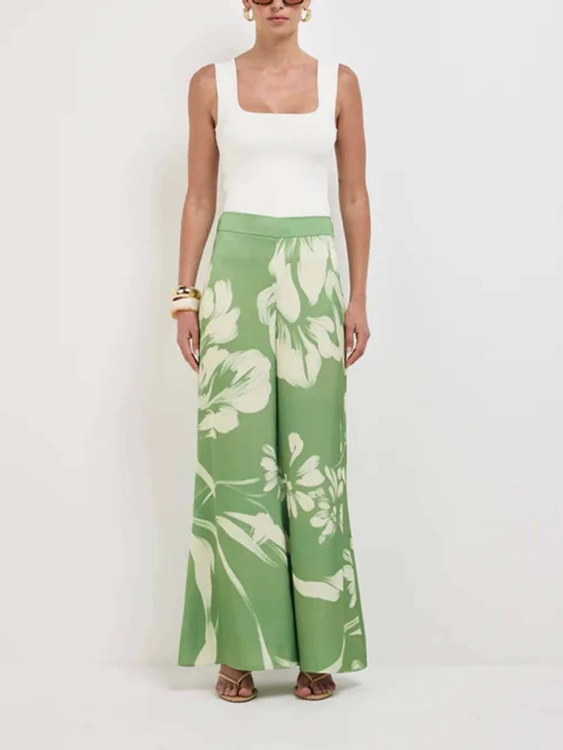 Modern Satin Abstract Floral Print Bell-Bottom Pants