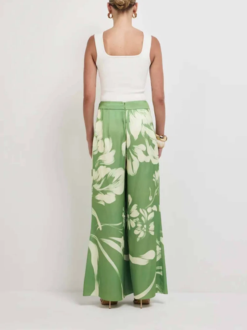 Modern Satin Abstract Floral Print Bell-Bottom Pants