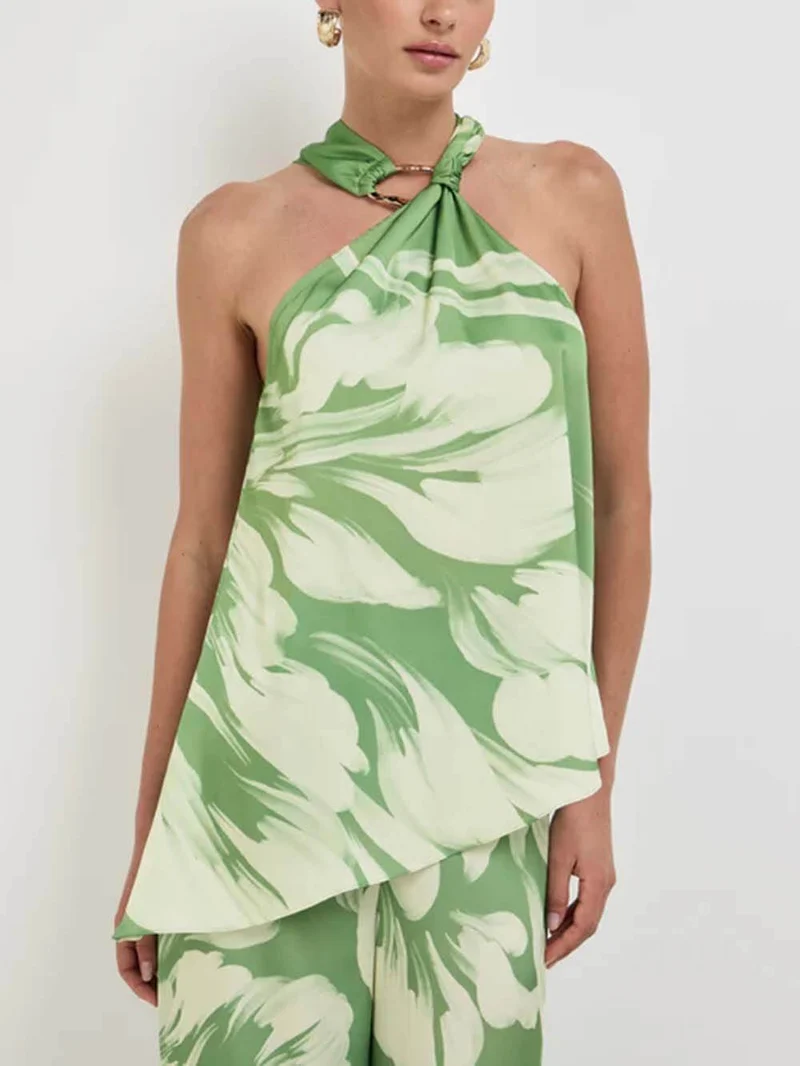Modern Satin Abstract Floral Print Bell-Bottom Pants
