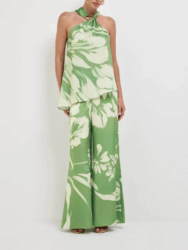 Modern Satin Abstract Floral Print Halter Tank Top