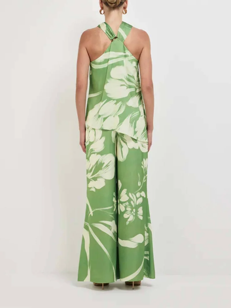 Modern Satin Abstract Floral Print Halter Tank Top