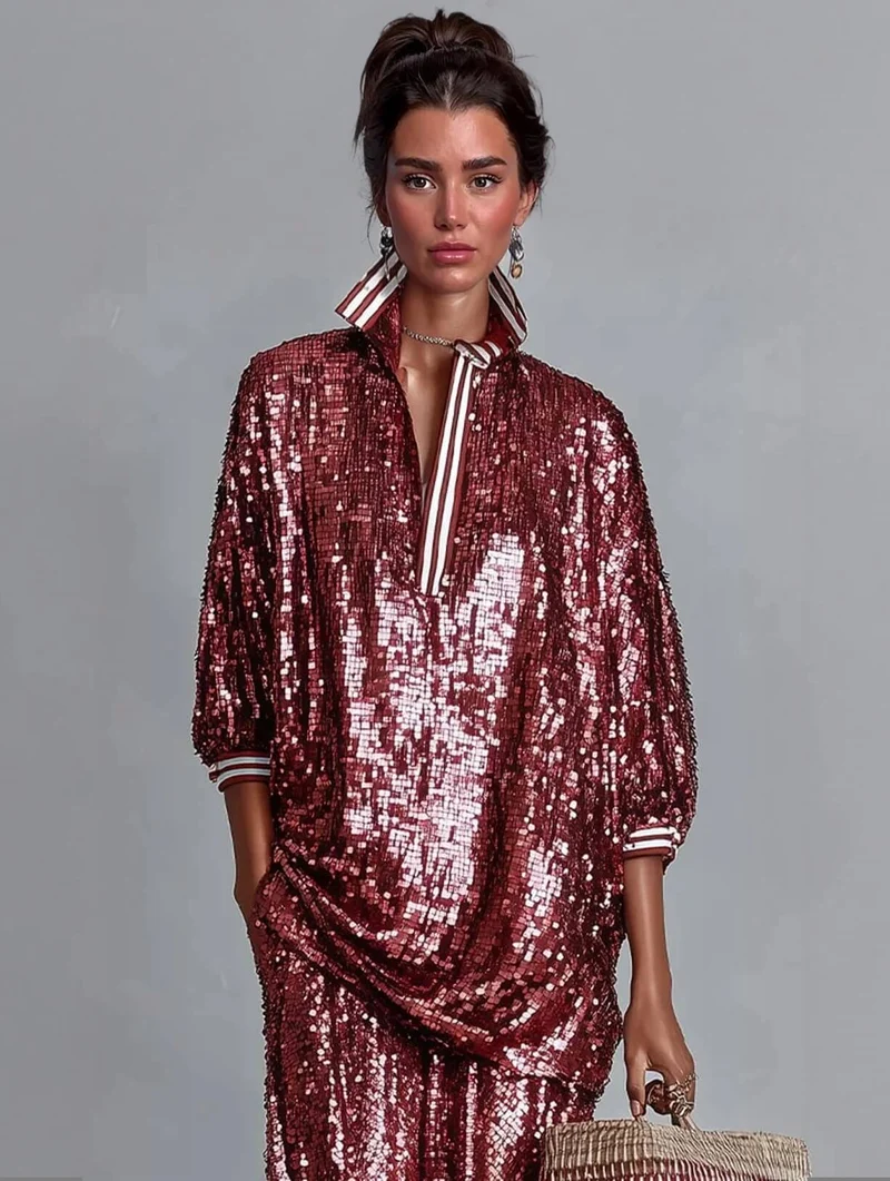 Charming Sequin Stripe Trim Oversized Top