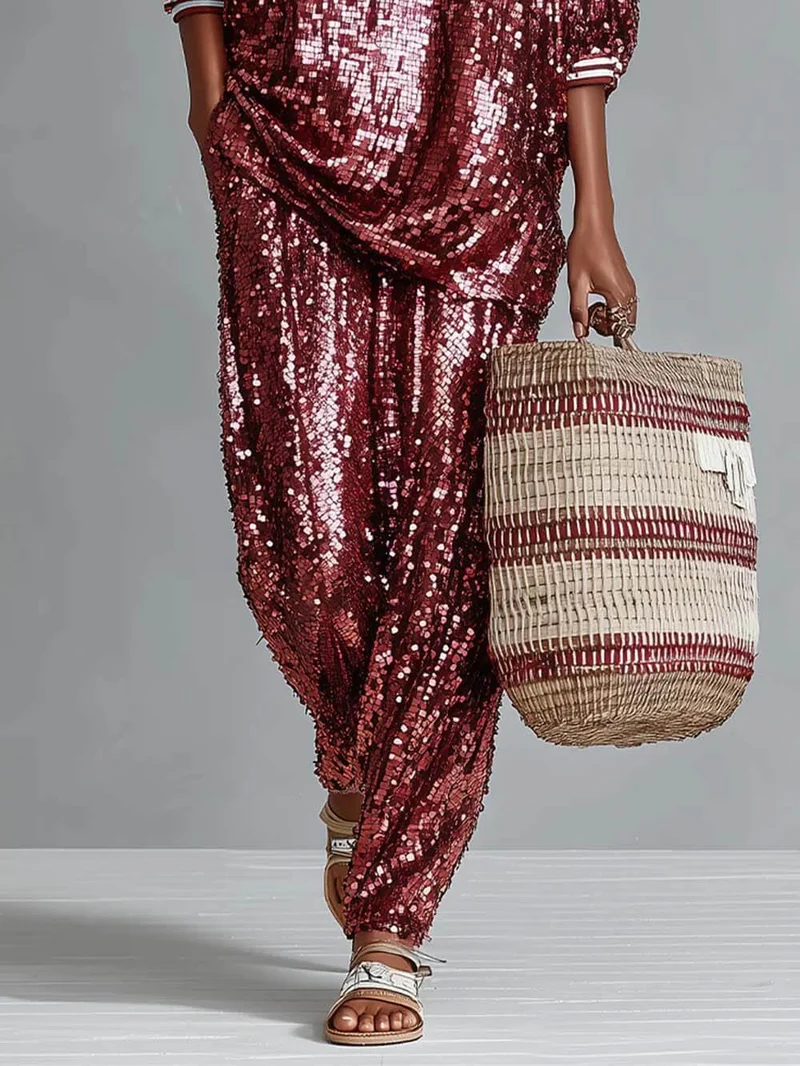 Charming Sequin Stripe Trim Oversized Top