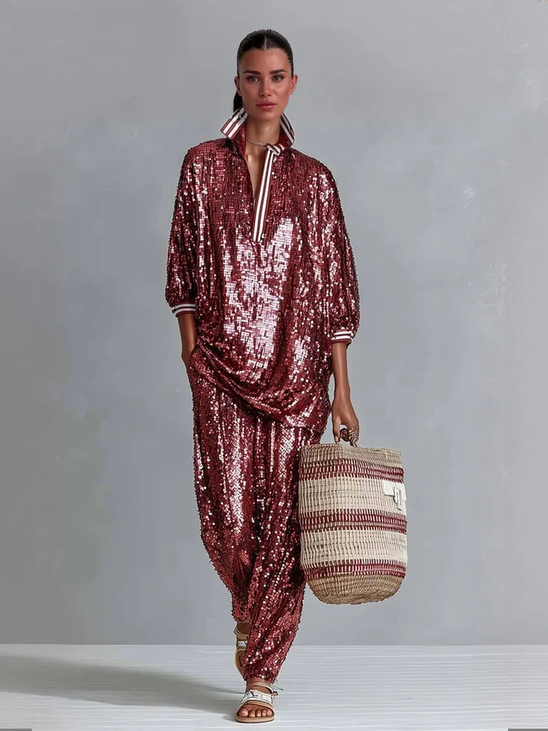 Charming Sequined Elastic Waist Pocket Skinny Pants