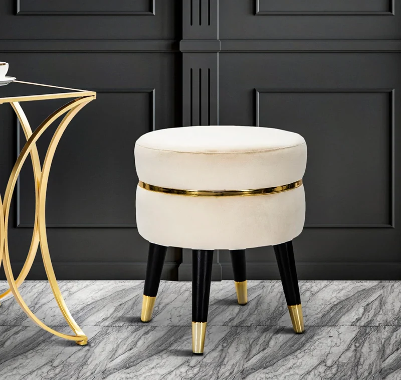 Tabouret rond en velours crème avec base dorée – Fauteuil d'appoint Paris