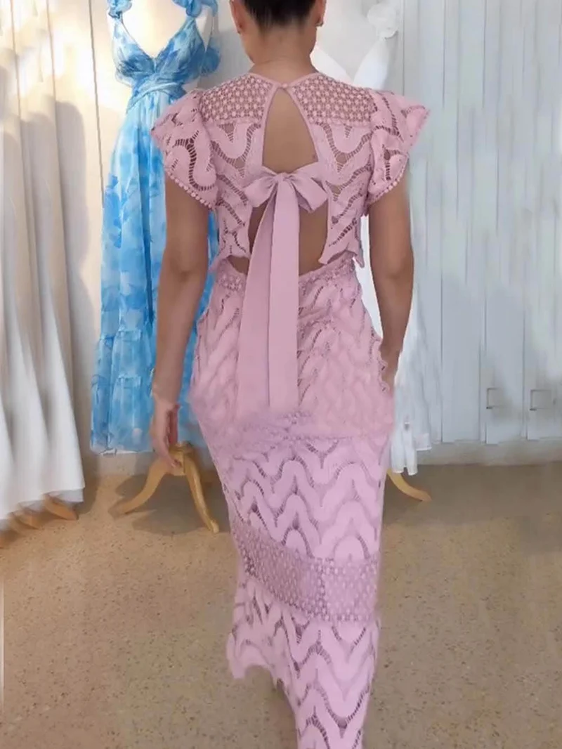 Retro Wave Dot Embroidery Lace Back Tie-up Top and Elastic Waist Maxi Skirt Set