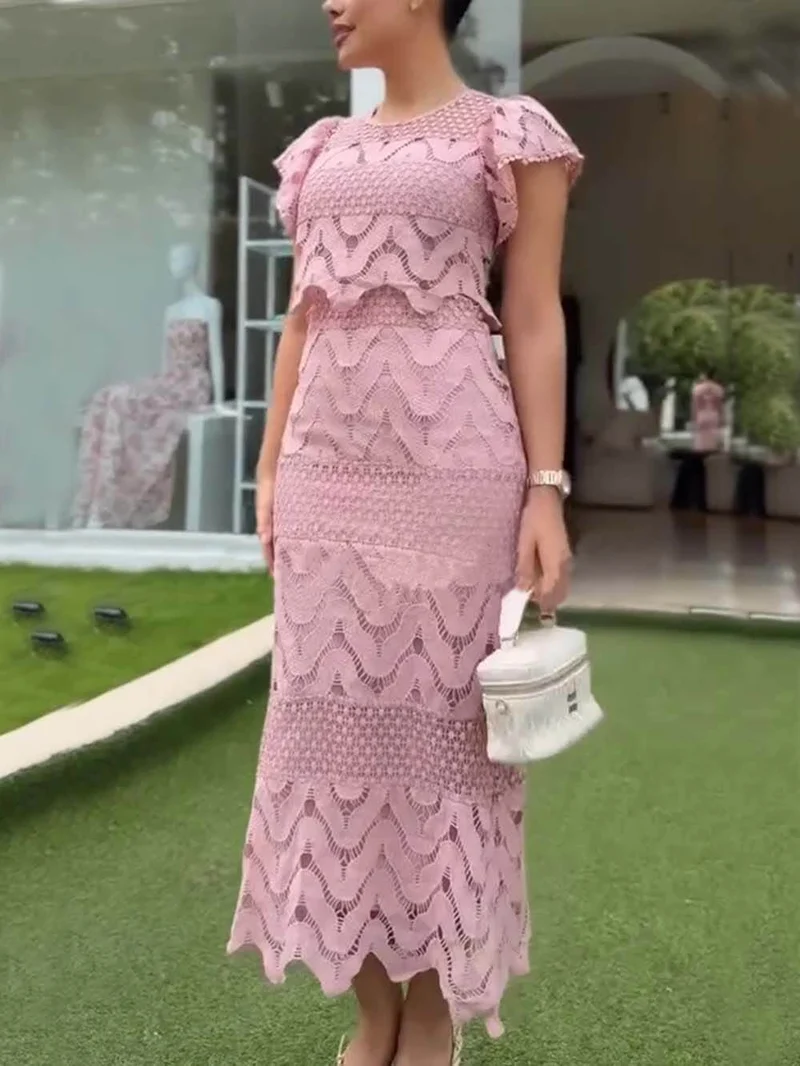 Retro Wave Dot Embroidery Lace Back Tie-up Top and Elastic Waist Maxi Skirt Set