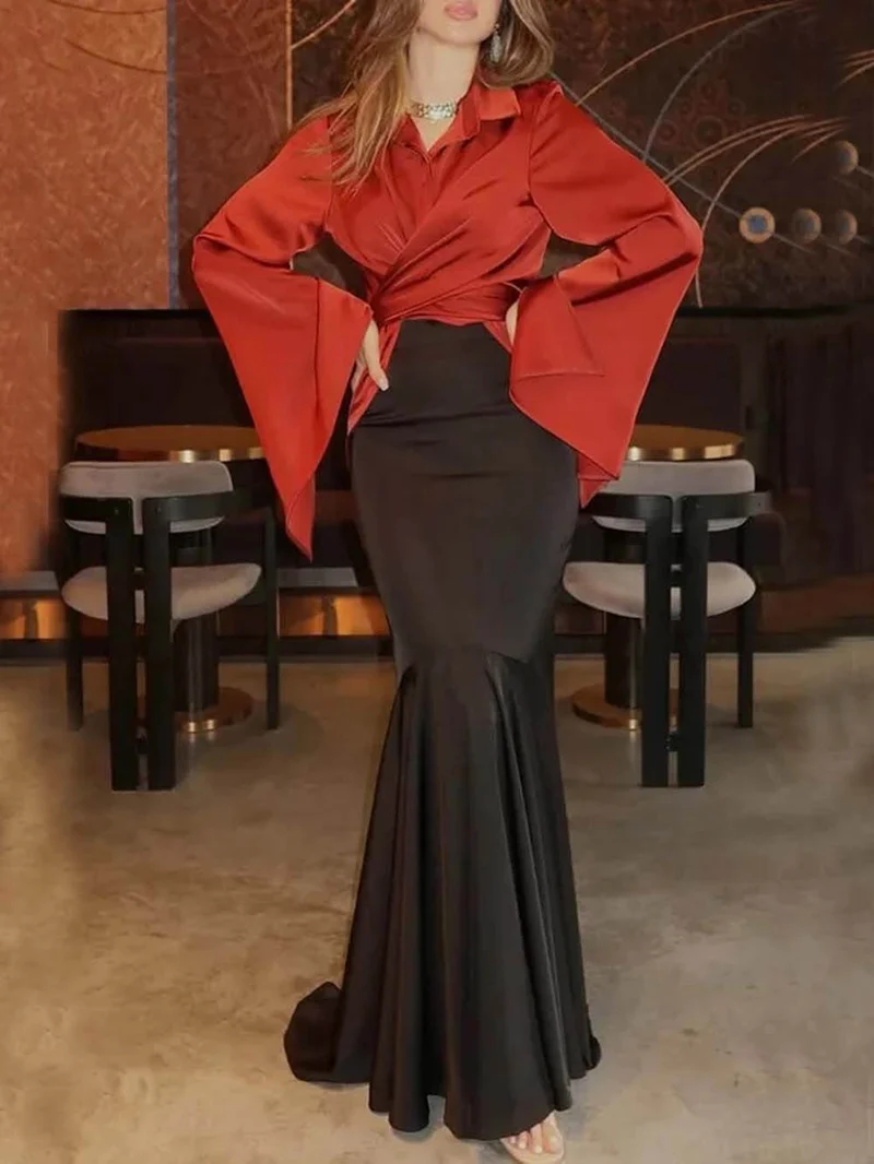 Fashion Satin Button Front Center Cross Straps Long Bell Sleeve Shirt