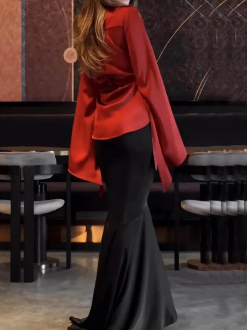 Fashion Satin Button Front Center Cross Straps Long Bell Sleeve Shirt