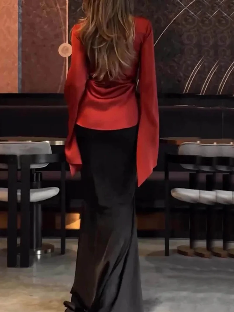 Fashion Satin Button Front Center Cross Straps Long Bell Sleeve Shirt