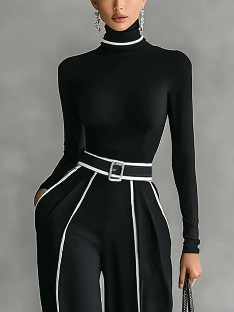 Elegant Contrast Trim High Waist Wide Leg Pants