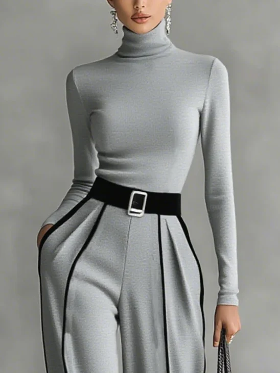 Elegant Contrast Trim High Waist Wide Leg Pants