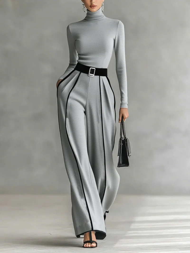Elegant Contrast Trim High Waist Wide Leg Pants