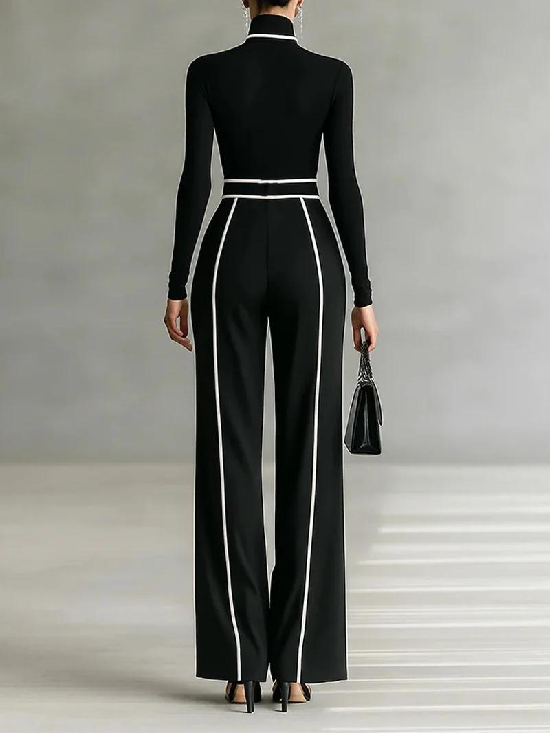 Elegant Contrast Trim High Waist Wide Leg Pants