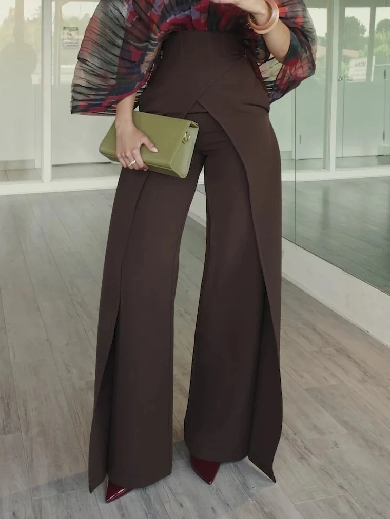 Unique Cut High-Rise Brown Wide-Leg Pants