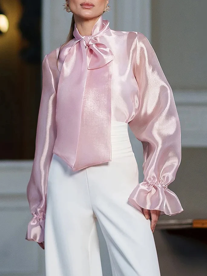 Elegant Retro Lace-up Slightly Transparent Long-sleeved Shirt