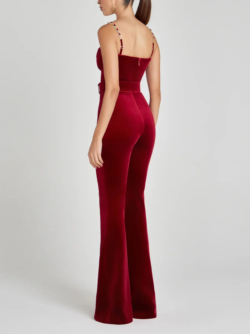 Elegant Velvet Crystal Suspender Red Jumpsuit