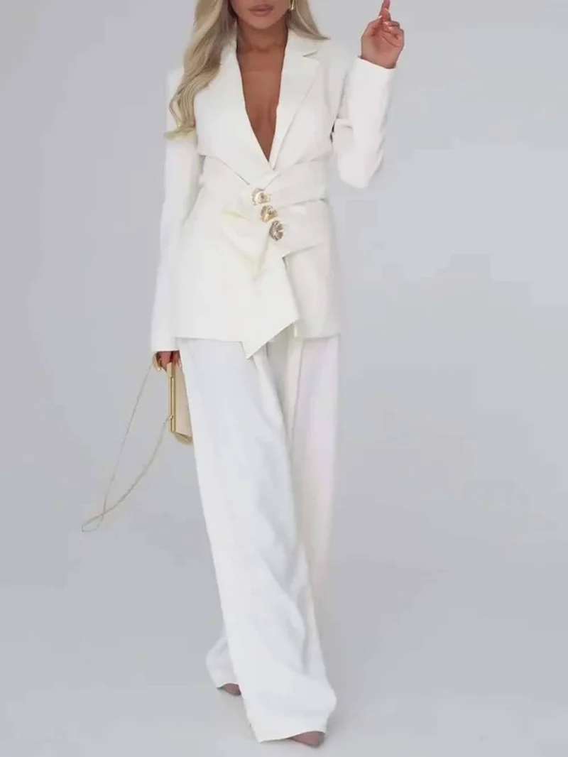 Unique Casual Pocket Blazer Wide-Leg Pants