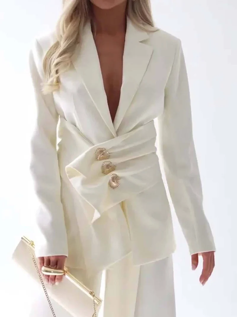 Unique Casual Pocket Blazer Wide-Leg Pants