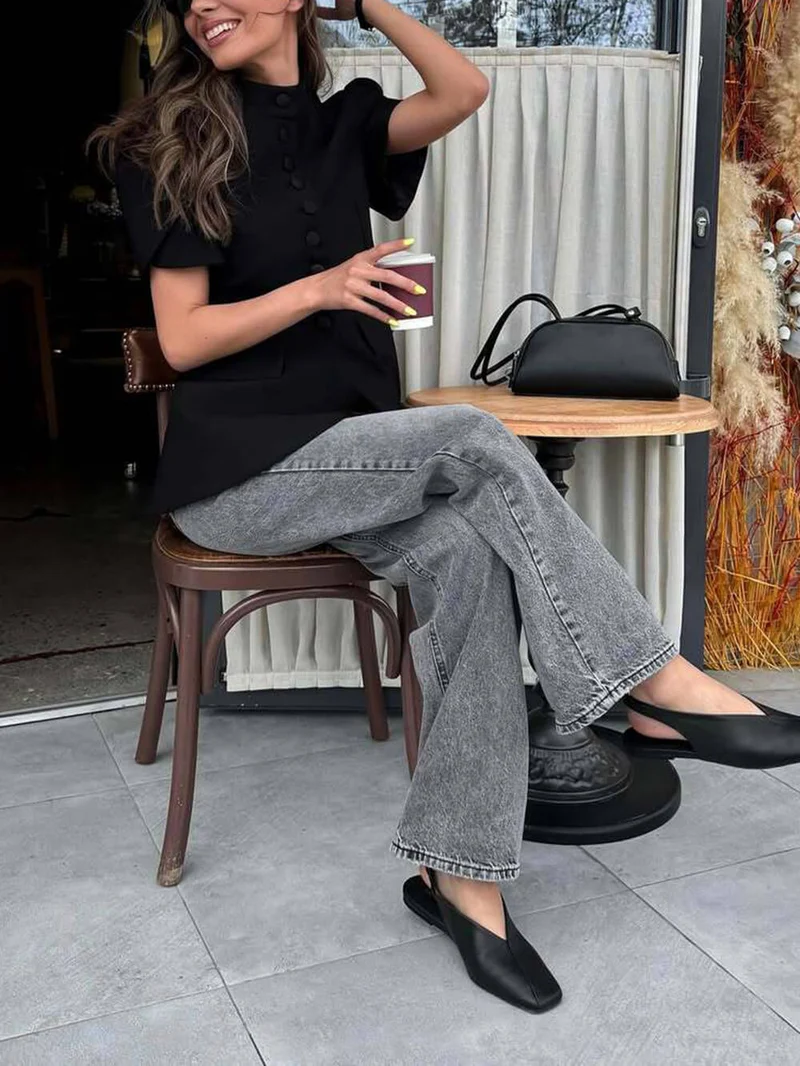 Sweet Stand Collar Single-Button High-Waist Top