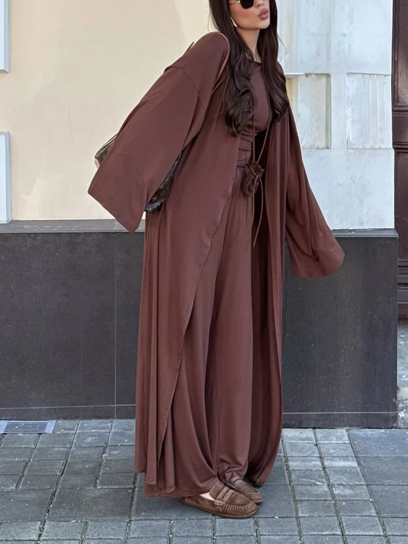 Casual Long Cardigan Long-Sleeved T-Shirt and High-Waisted Pants Three-Piece Set