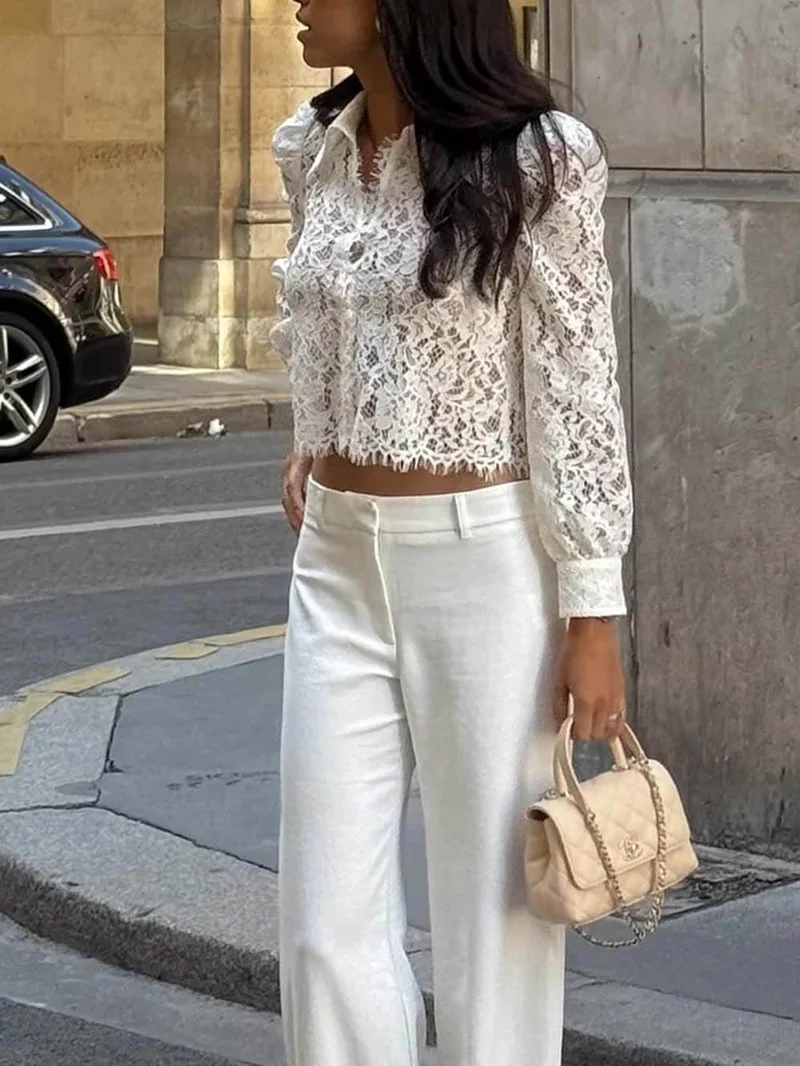 Elegant Lace Long-sleeved Cropped Shirt