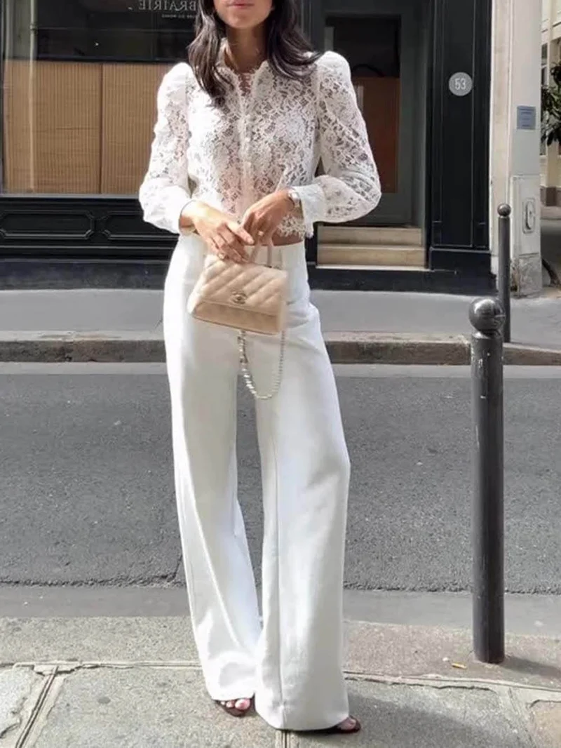 Elegant Lace Long-sleeved Cropped Shirt