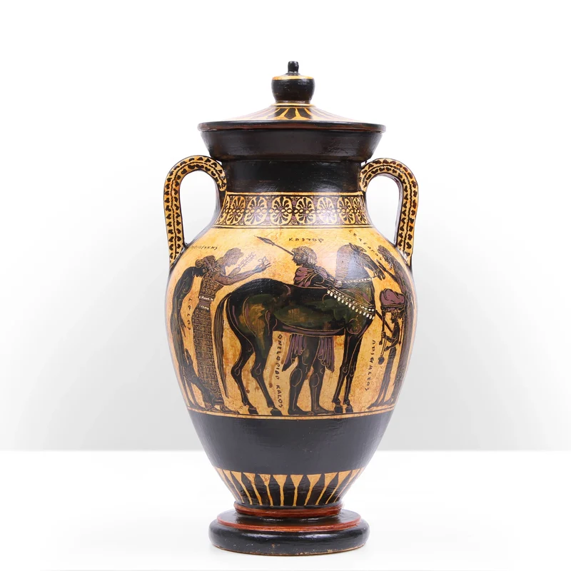 Urne Grecque à Figures Noires avec Scène Mythologique (Guerriers Grecs)