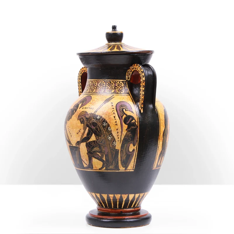 Urne Grecque à Figures Noires avec Scène Mythologique (Guerriers Grecs)