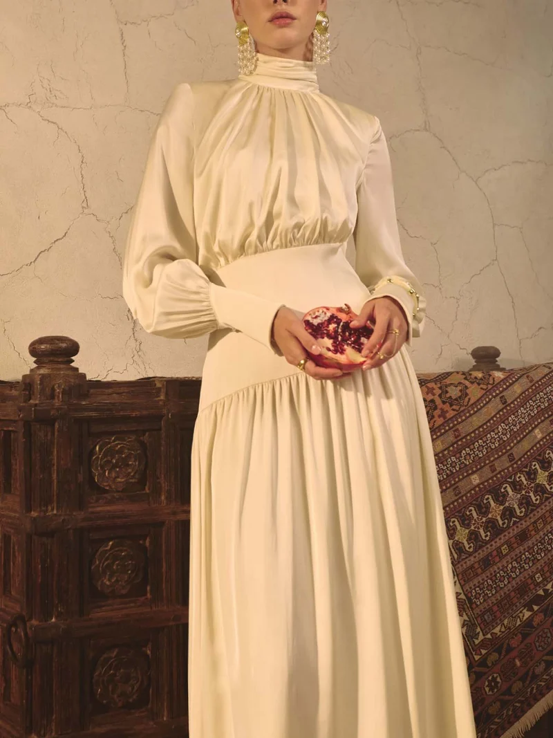 Elegant Satin Puff-sleeve Pleated Maxi Dress