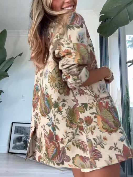 Exquisite Retro Floral Print Oversized Suit Shorts Set