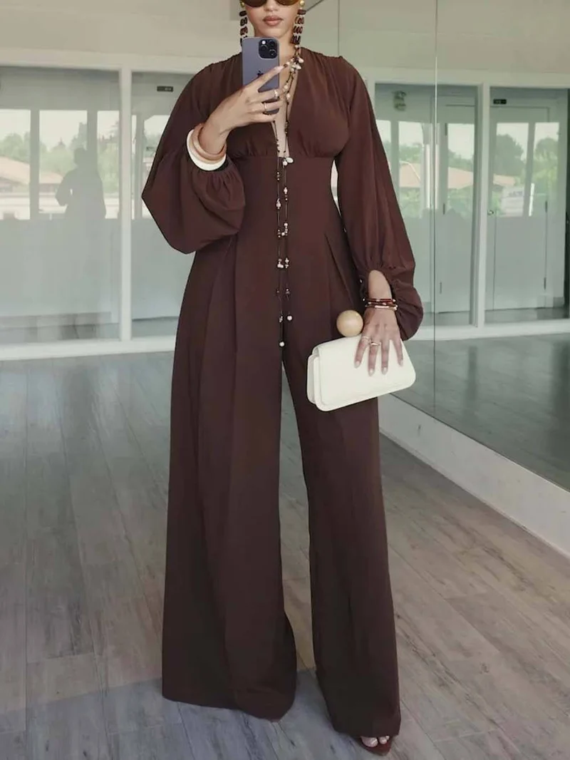 Casual Deep V-Neck Jumpsuit