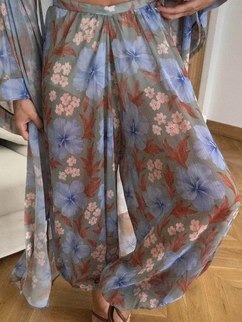 Unique Blue Floral Print Elastic Waist Lantern Pants
