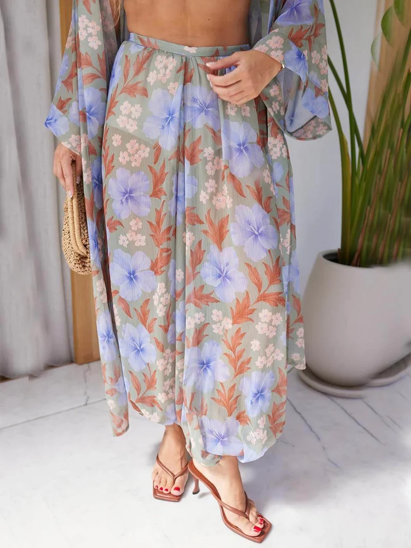Unique Blue Floral Print Elastic Waist Lantern Pants