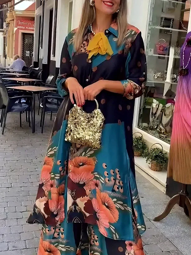 Elegant Satin Floral Print Long Shirt
