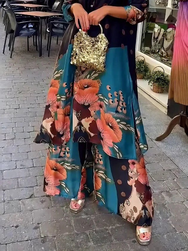 Elegant Satin Floral Print Wide-leg Pants