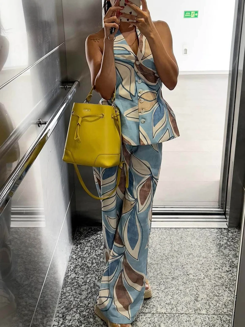 Fashionable Printed Elastic Waist Wide-Leg Pants