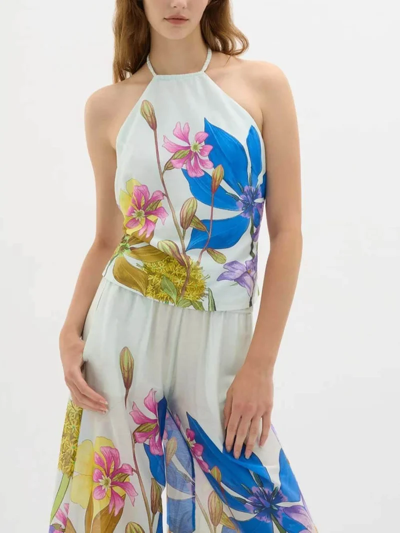 Unique Garden Print Elastic Waist Wide-Leg Pants