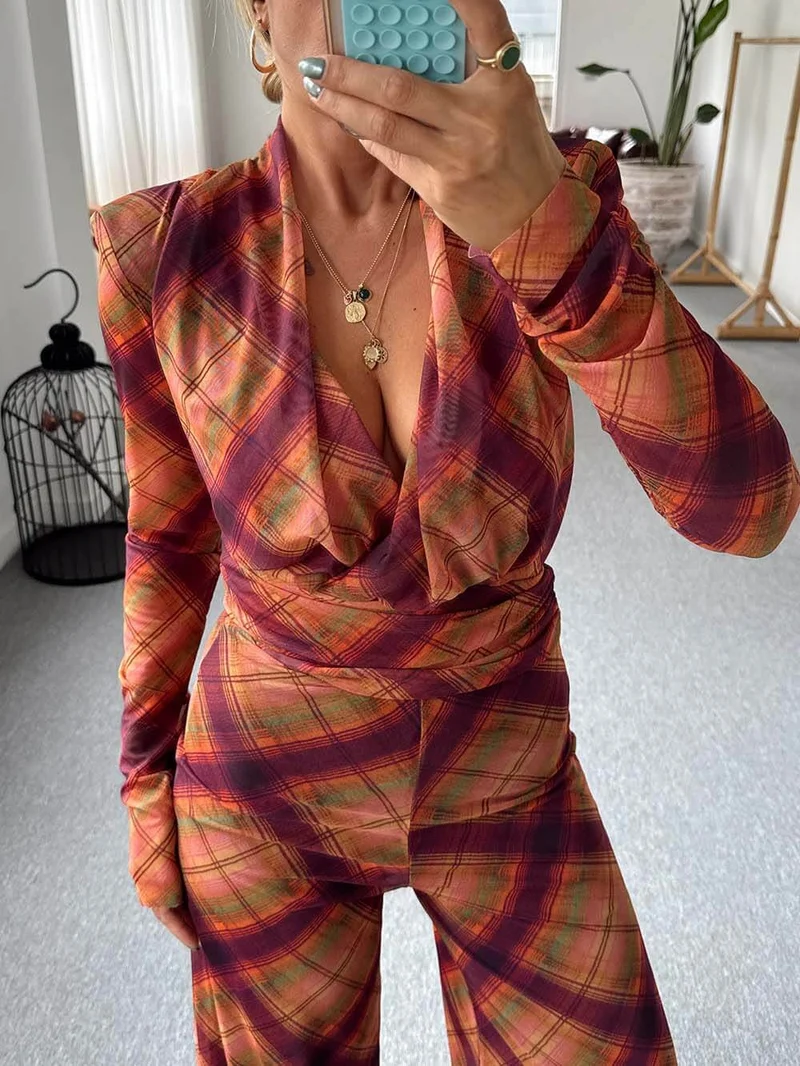 Unique Plaid Print Sheer V-Neck Top
