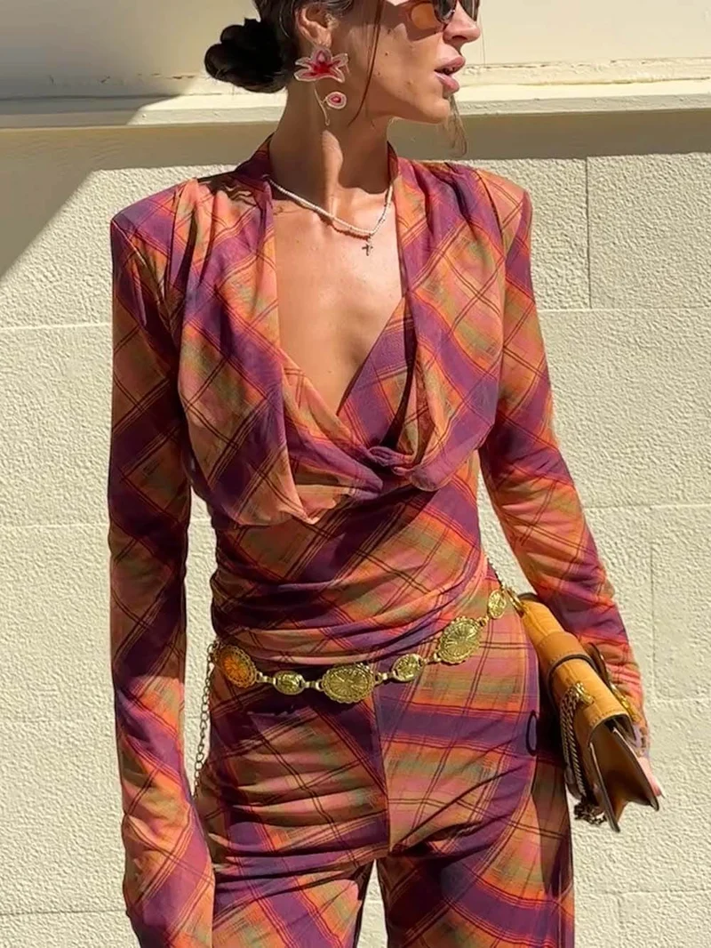 Unique Plaid Print Sheer V-Neck Top