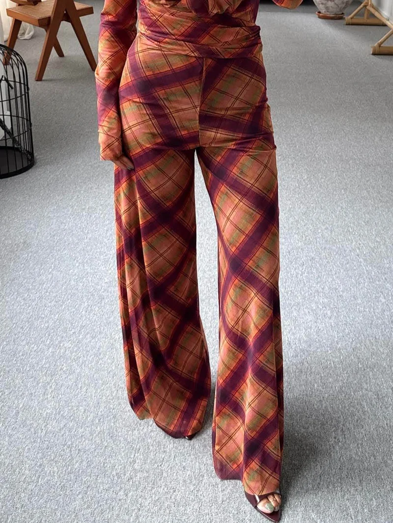 Unique Plaid Print Sheer V-Neck Top
