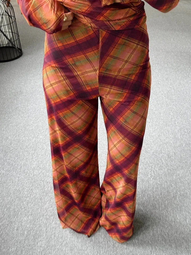 Unique Plaid Print Sheer High-Waist Straight Pants