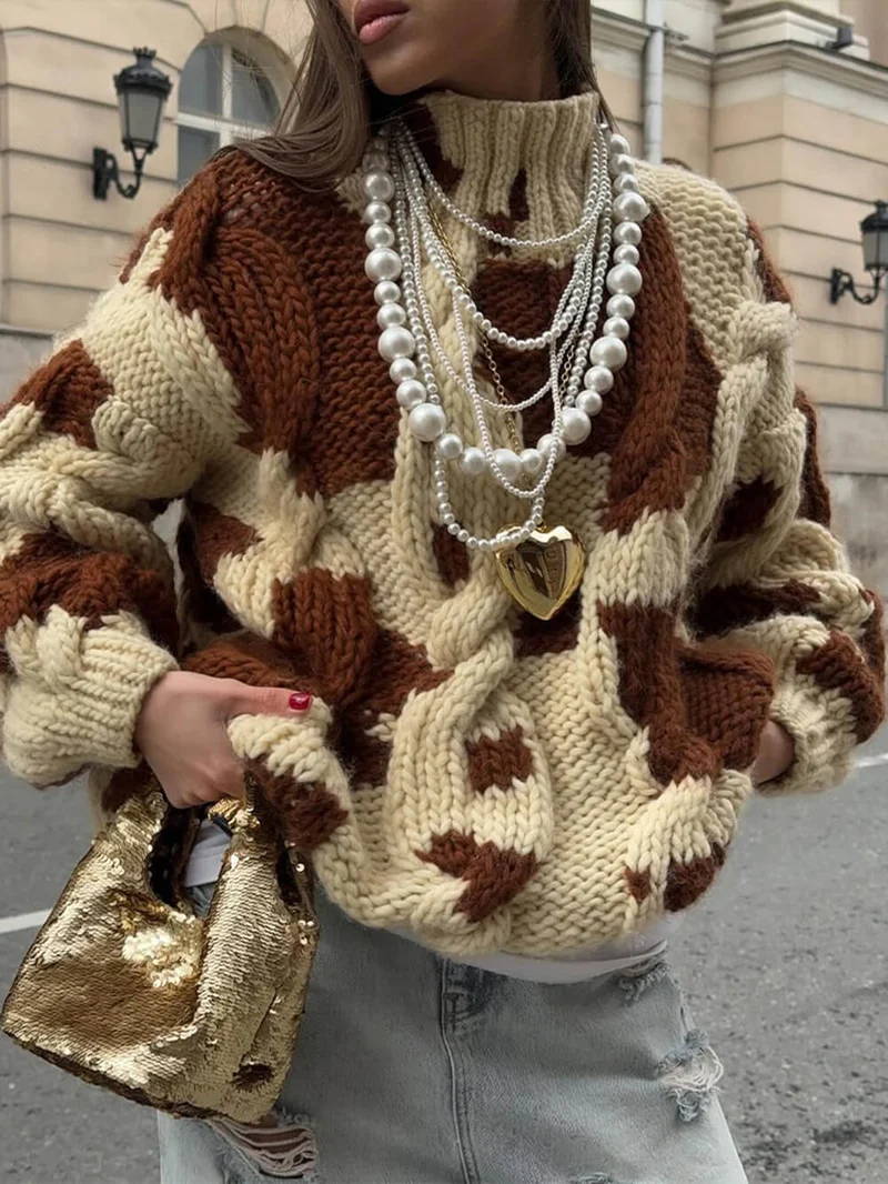 Fashion Casual Color-Block Print Loose Sweater