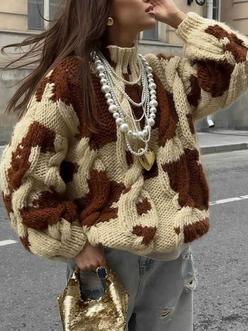 Fashion Casual Color-Block Print Loose Sweater