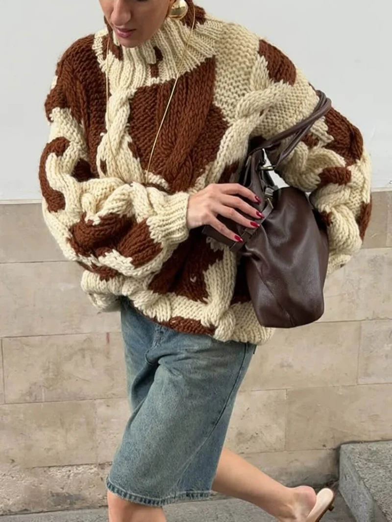 Fashion Casual Color-Block Print Loose Sweater